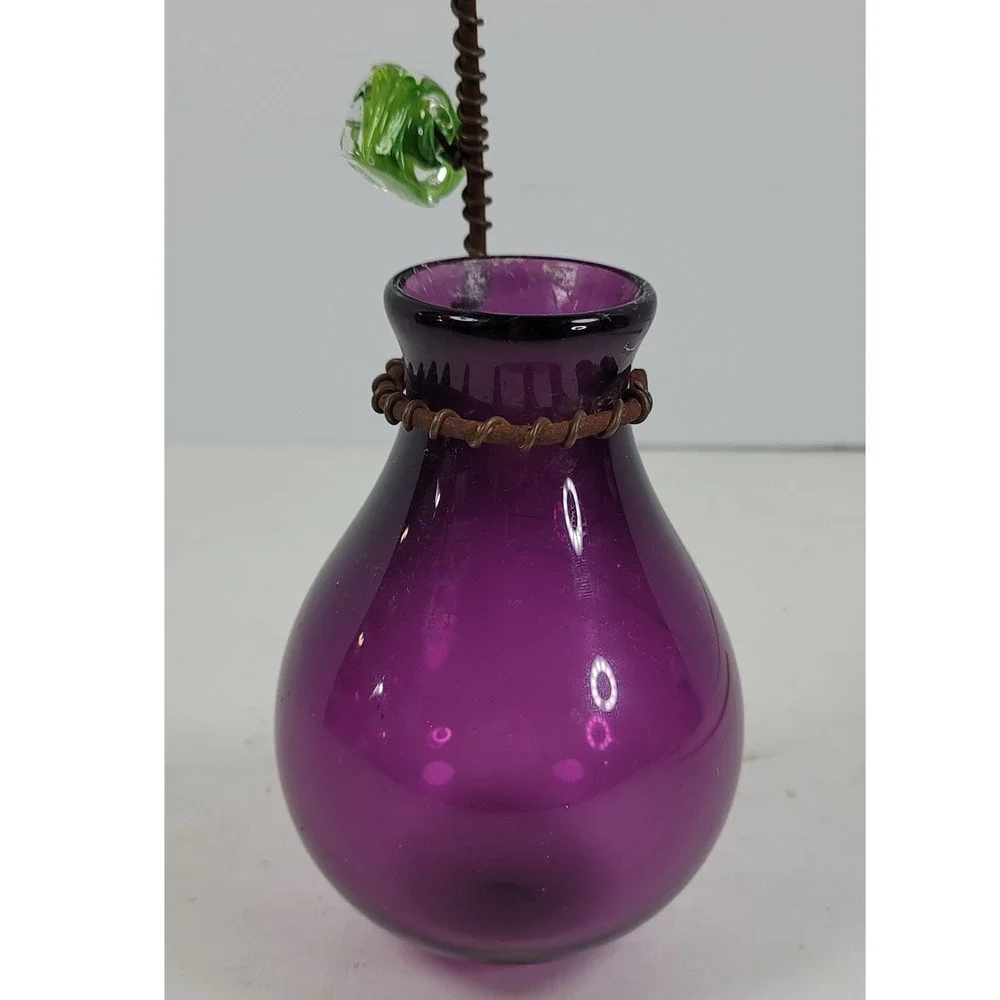 Signed Hand Blown Purple Glass Bud Vase with Metal Wire Hanger and Green Leaf